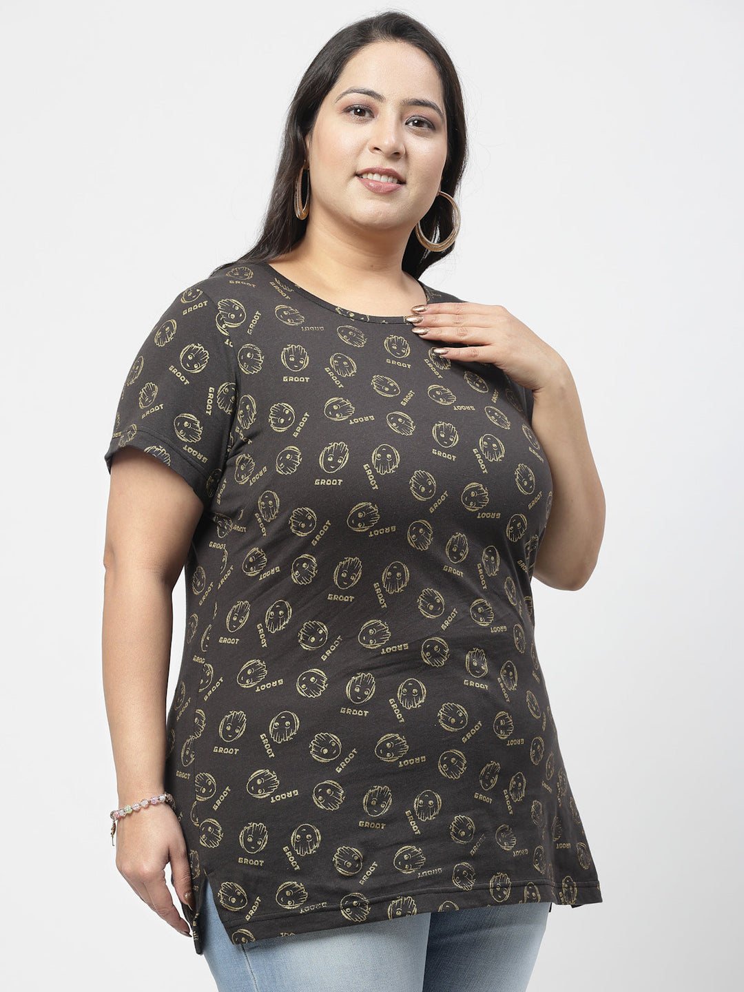 Plus Size Women Printed Drop-Shoulder Sleeves Ethnic Pockets T-shirt