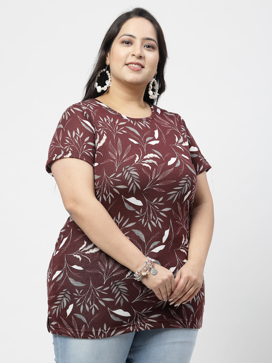 Plus Size Women Floral Printed Tropical Pockets T-shirt