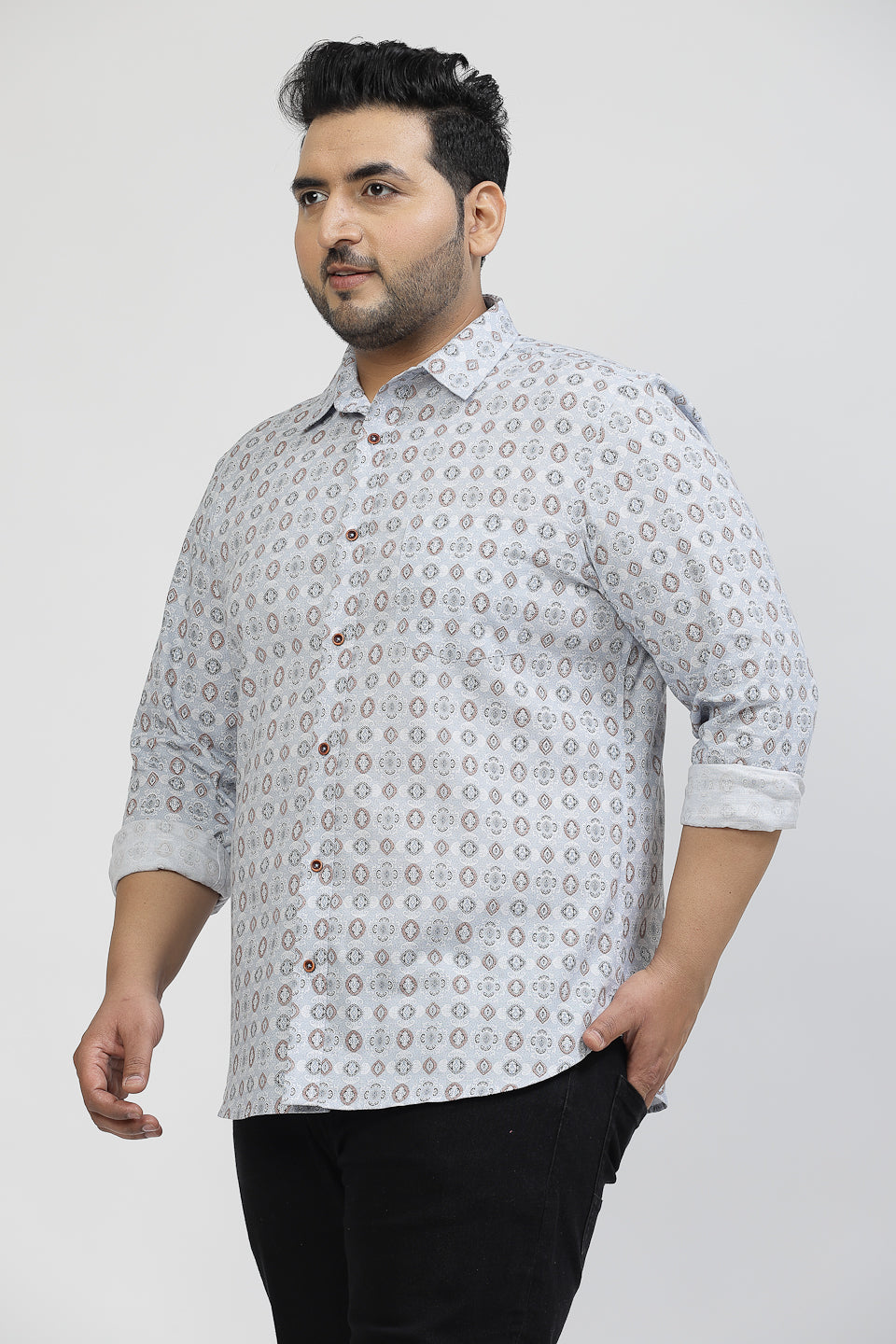 Plus Size Floral Printed Spread Collar Cotton Opaque Casual  Shirt