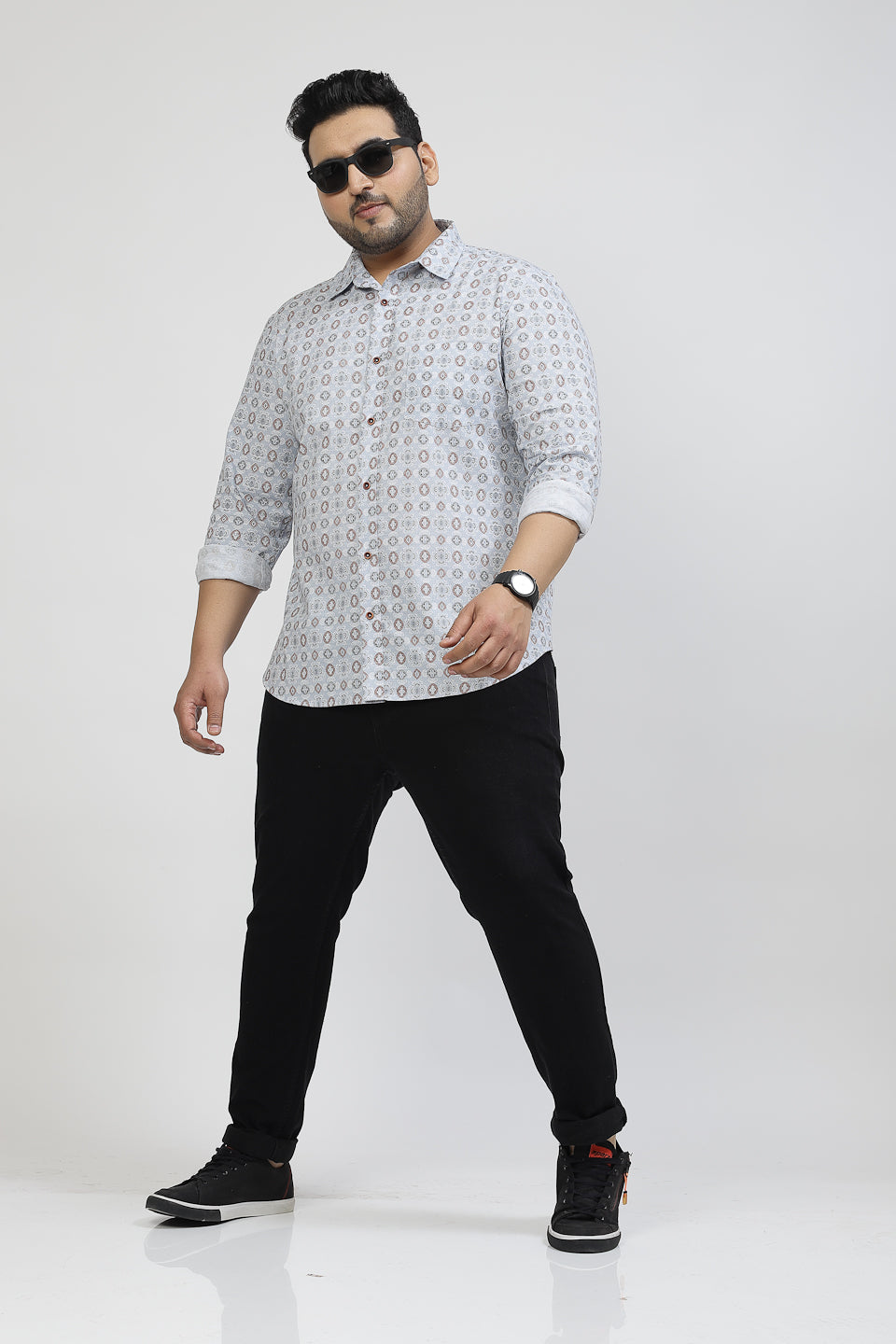 Plus Size Floral Printed Spread Collar Cotton Opaque Casual  Shirt