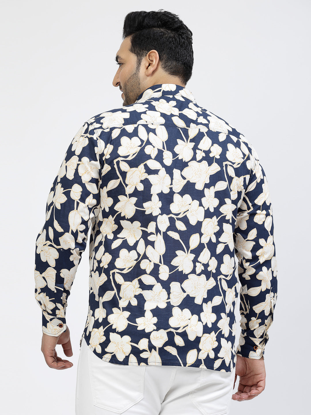 Plus Size Floral Printed Spread Collar Long Sleeves Casual Cotton Shirt