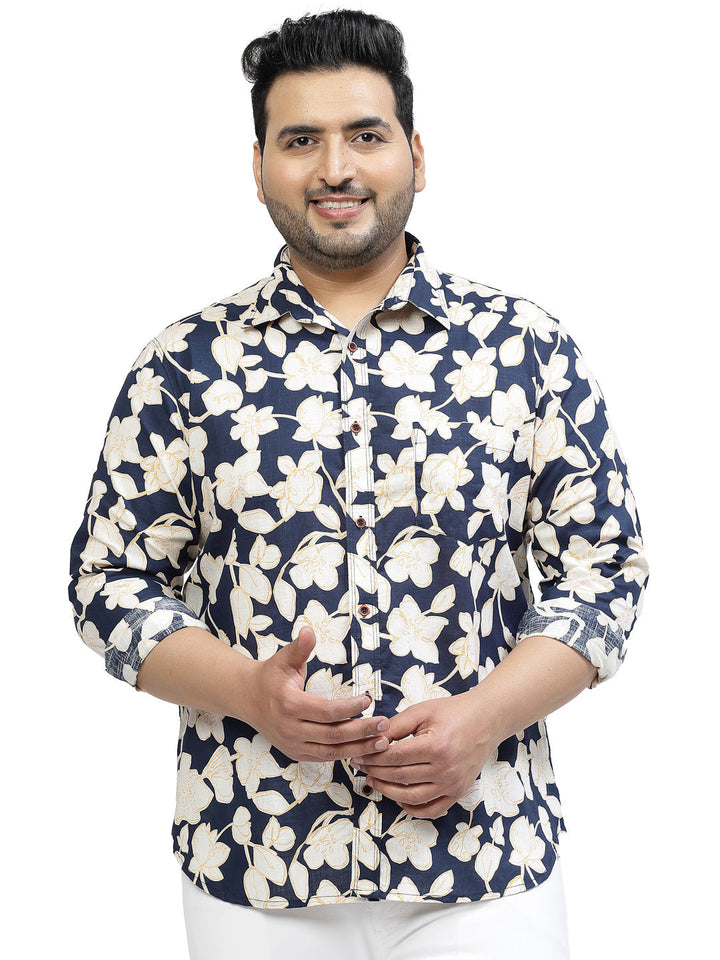 Plus Size Floral Printed Spread Collar Long Sleeves Casual Cotton Shirt