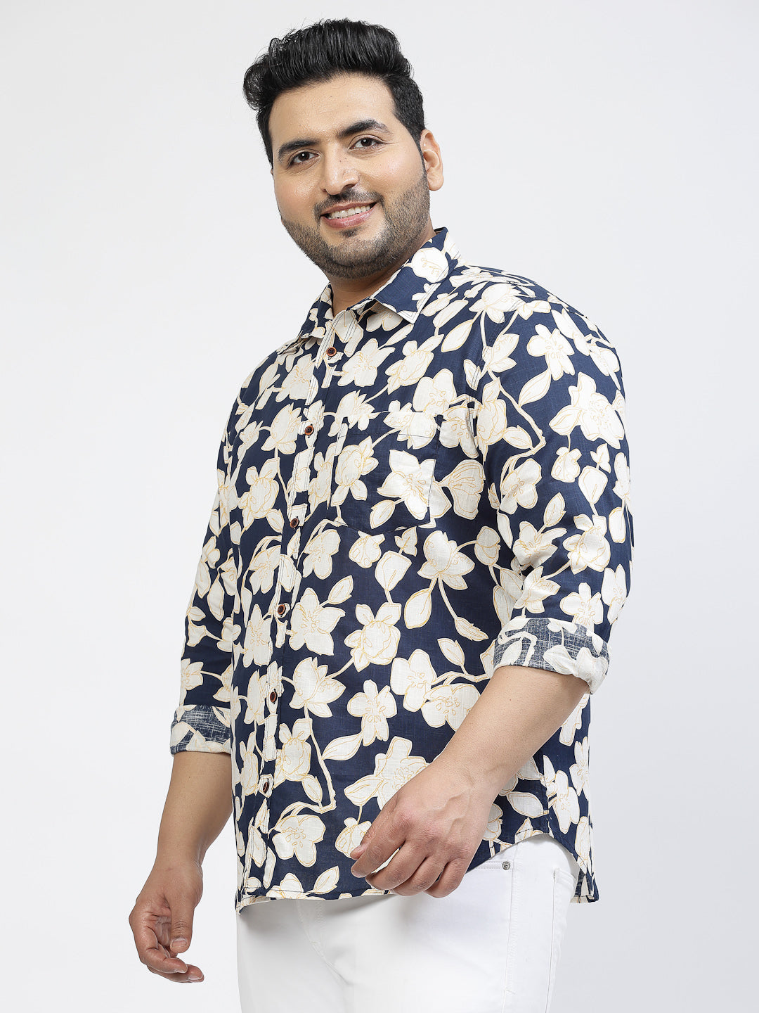 Plus Size Floral Printed Spread Collar Long Sleeves Casual Cotton Shirt