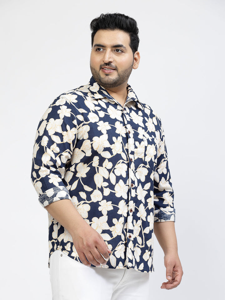 Plus Size Floral Printed Spread Collar Long Sleeves Casual Cotton Shirt