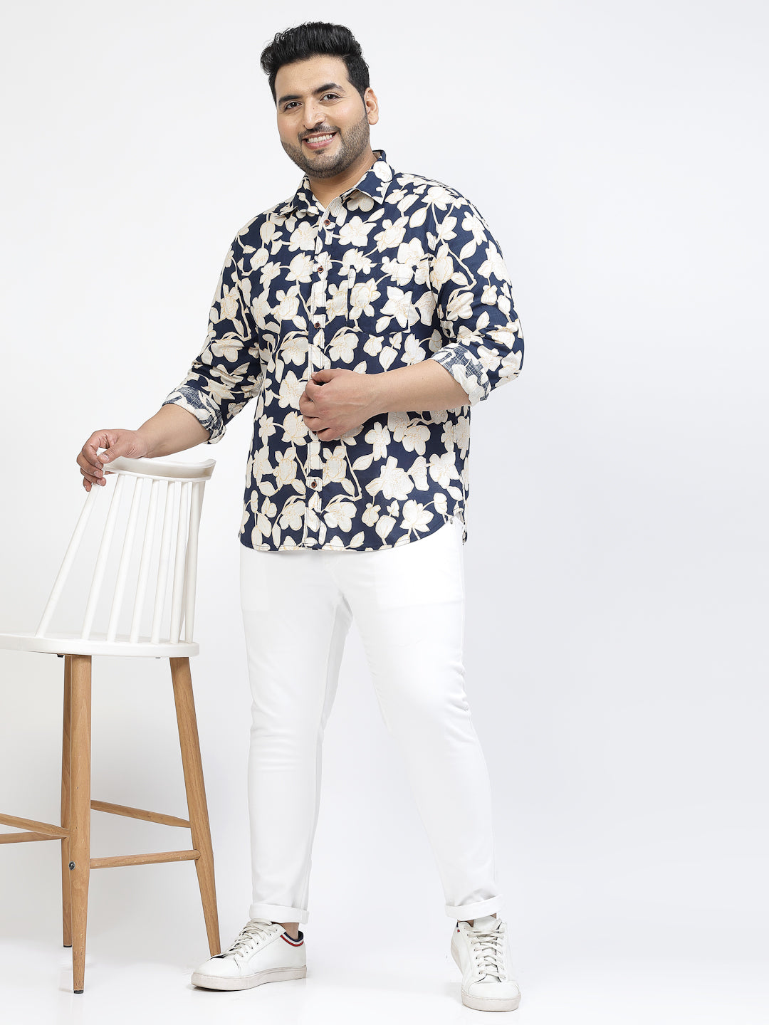 Plus Size Floral Printed Spread Collar Long Sleeves Casual Cotton Shirt