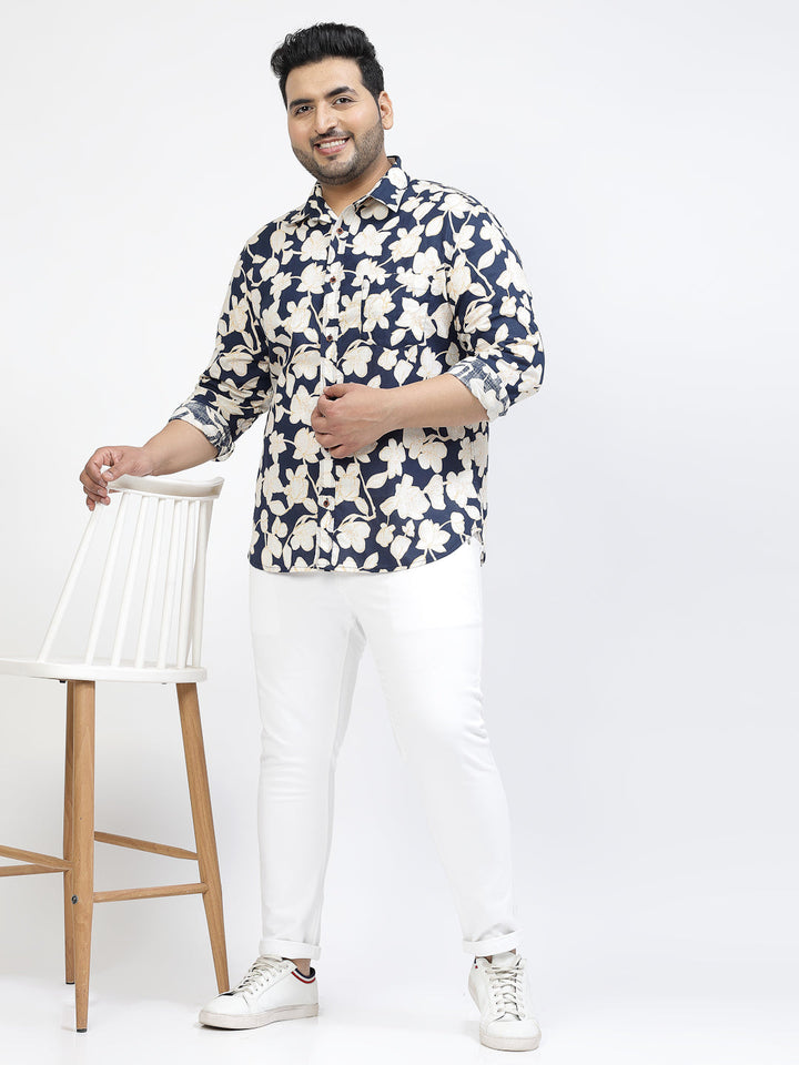 Plus Size Floral Printed Spread Collar Long Sleeves Casual Cotton Shirt