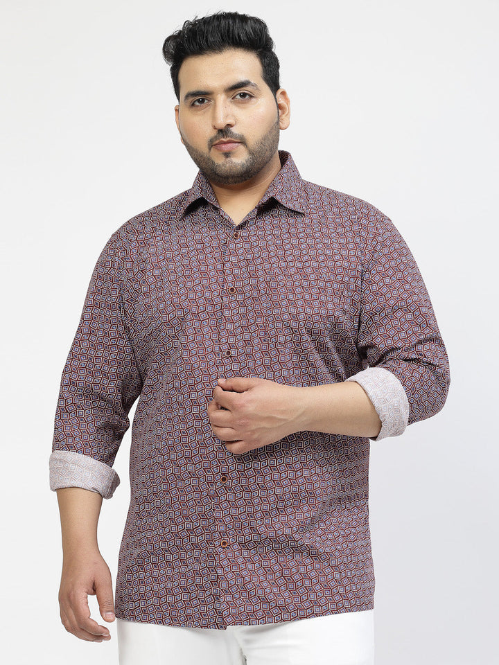 Plus Size Floral Printed Spread Collar Long Sleeves Cotton Casual Shirt