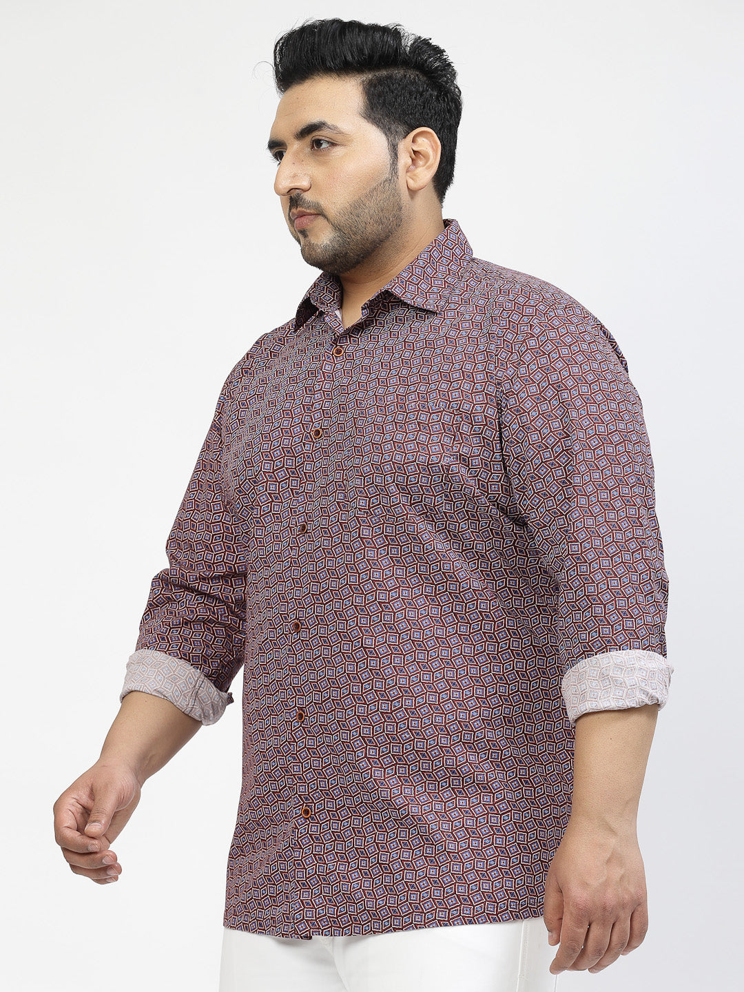 Plus Size Floral Printed Spread Collar Long Sleeves Cotton Casual Shirt