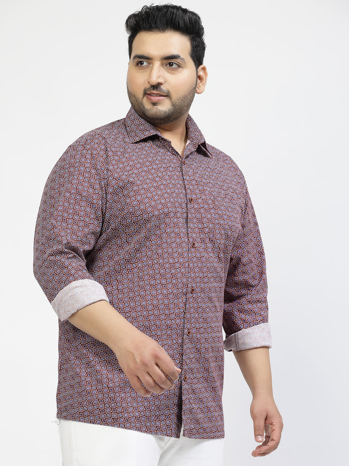 Plus Size Floral Printed Spread Collar Long Sleeves Cotton Casual Shirt