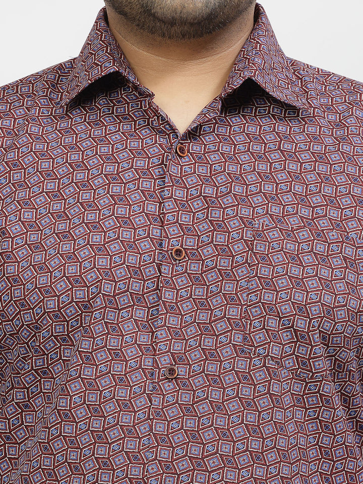 Plus Size Floral Printed Spread Collar Long Sleeves Cotton Casual Shirt