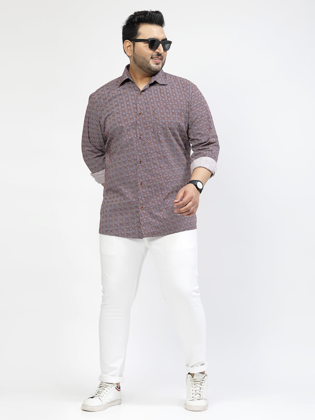 Plus Size Floral Printed Spread Collar Long Sleeves Cotton Casual Shirt