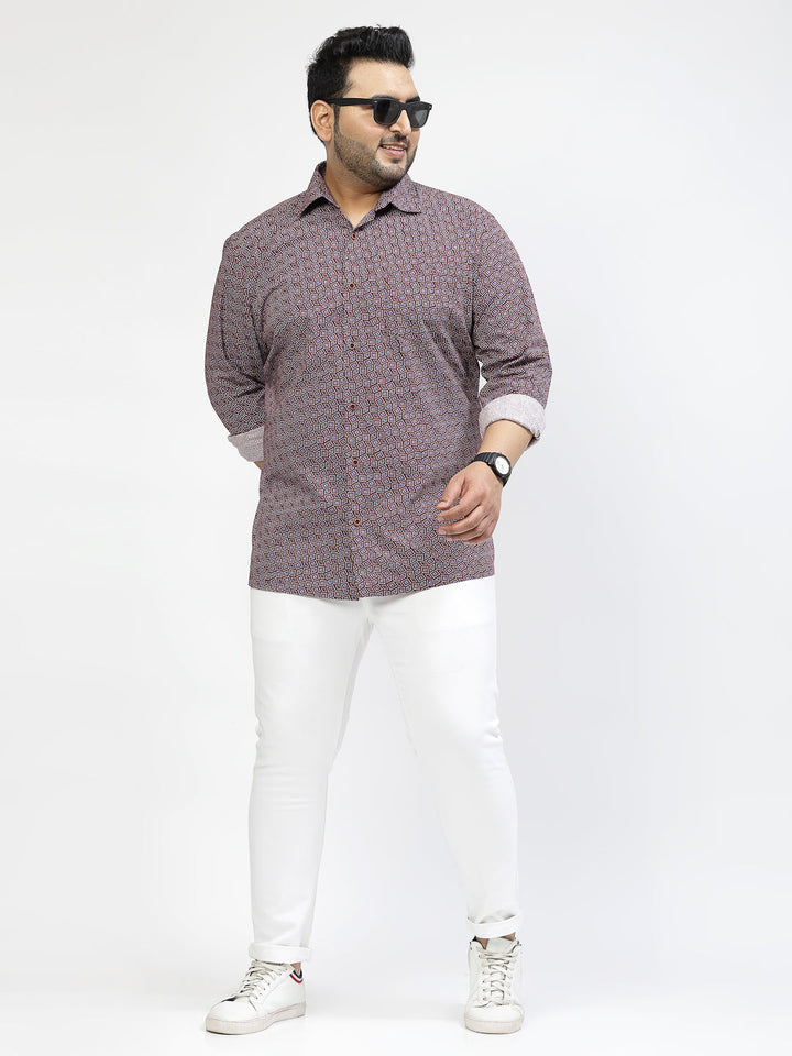 Plus Size Floral Printed Spread Collar Long Sleeves Cotton Casual Shirt
