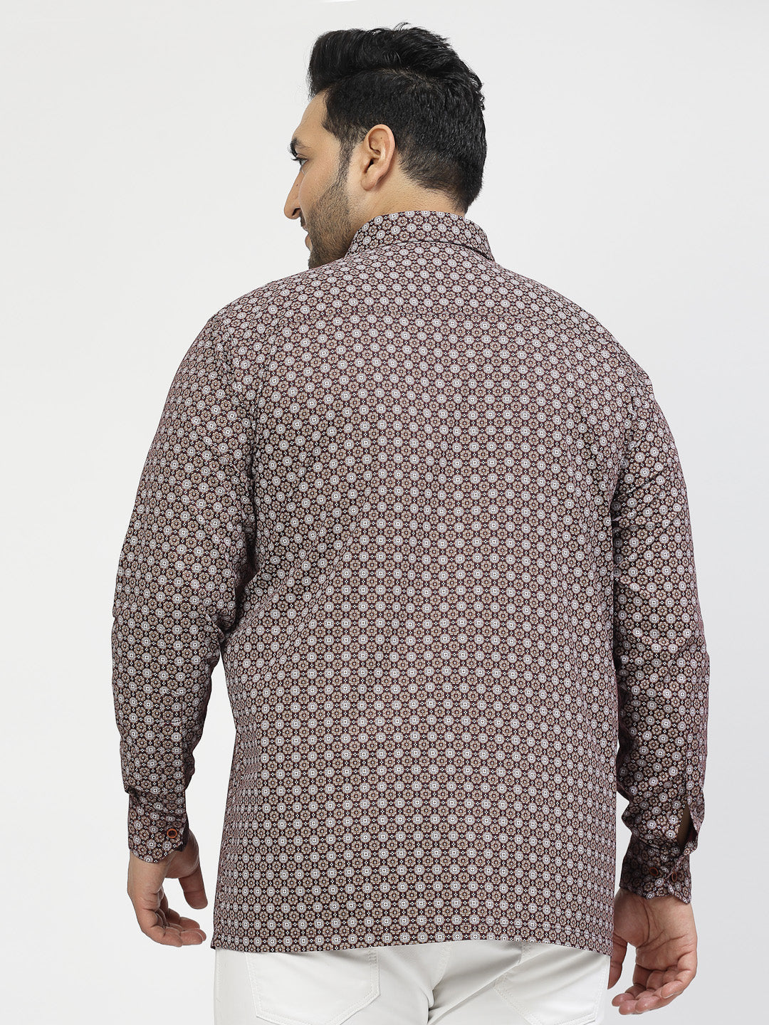 Plus Size Geometric Printed Spread Collar Cotton Shirt