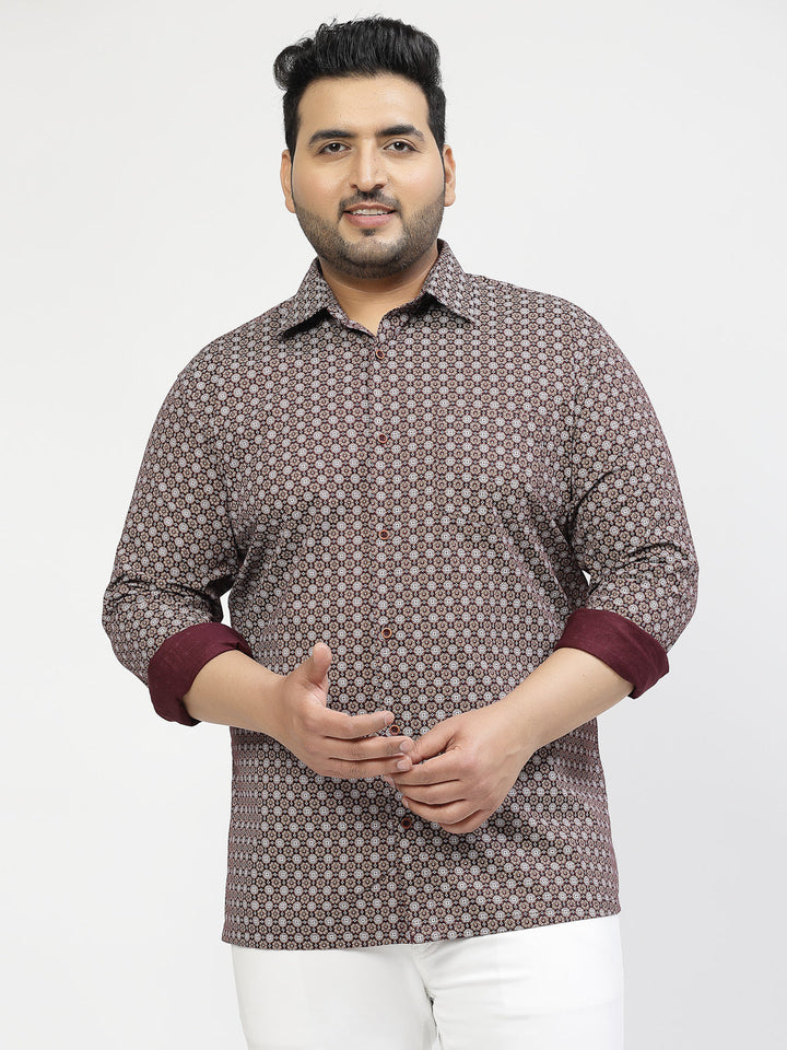 Plus Size Geometric Printed Spread Collar Cotton Shirt