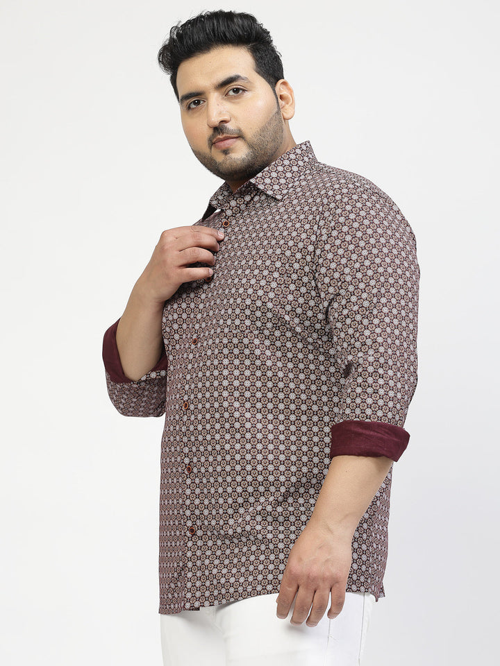 Plus Size Geometric Printed Spread Collar Cotton Shirt