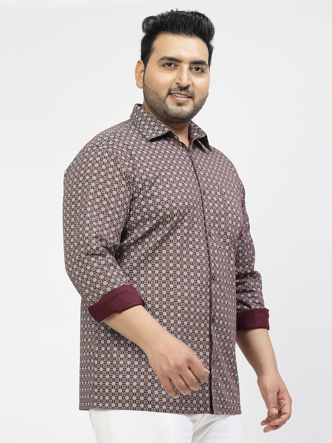 Plus Size Geometric Printed Spread Collar Cotton Shirt