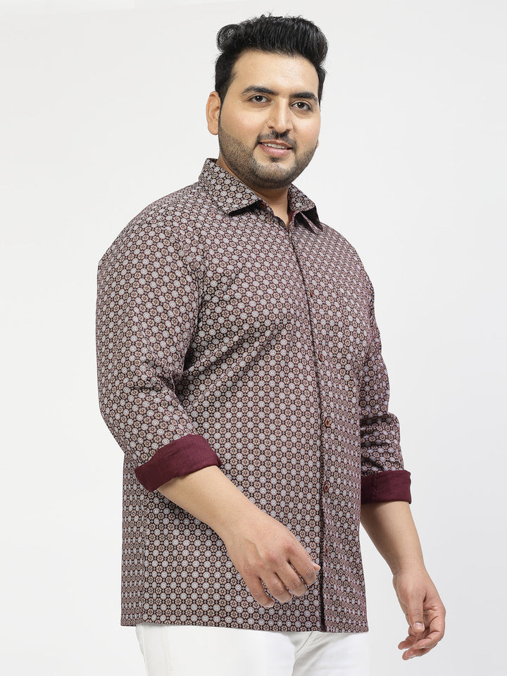 Plus Size Geometric Printed Spread Collar Cotton Shirt
