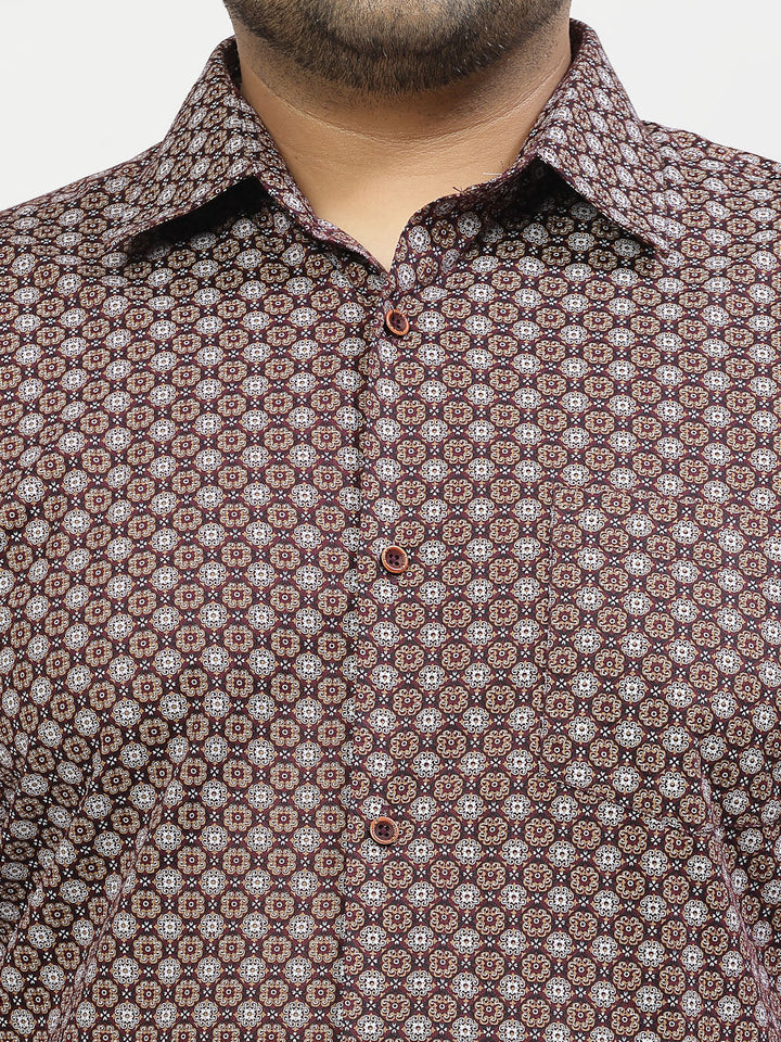 Plus Size Geometric Printed Spread Collar Cotton Shirt