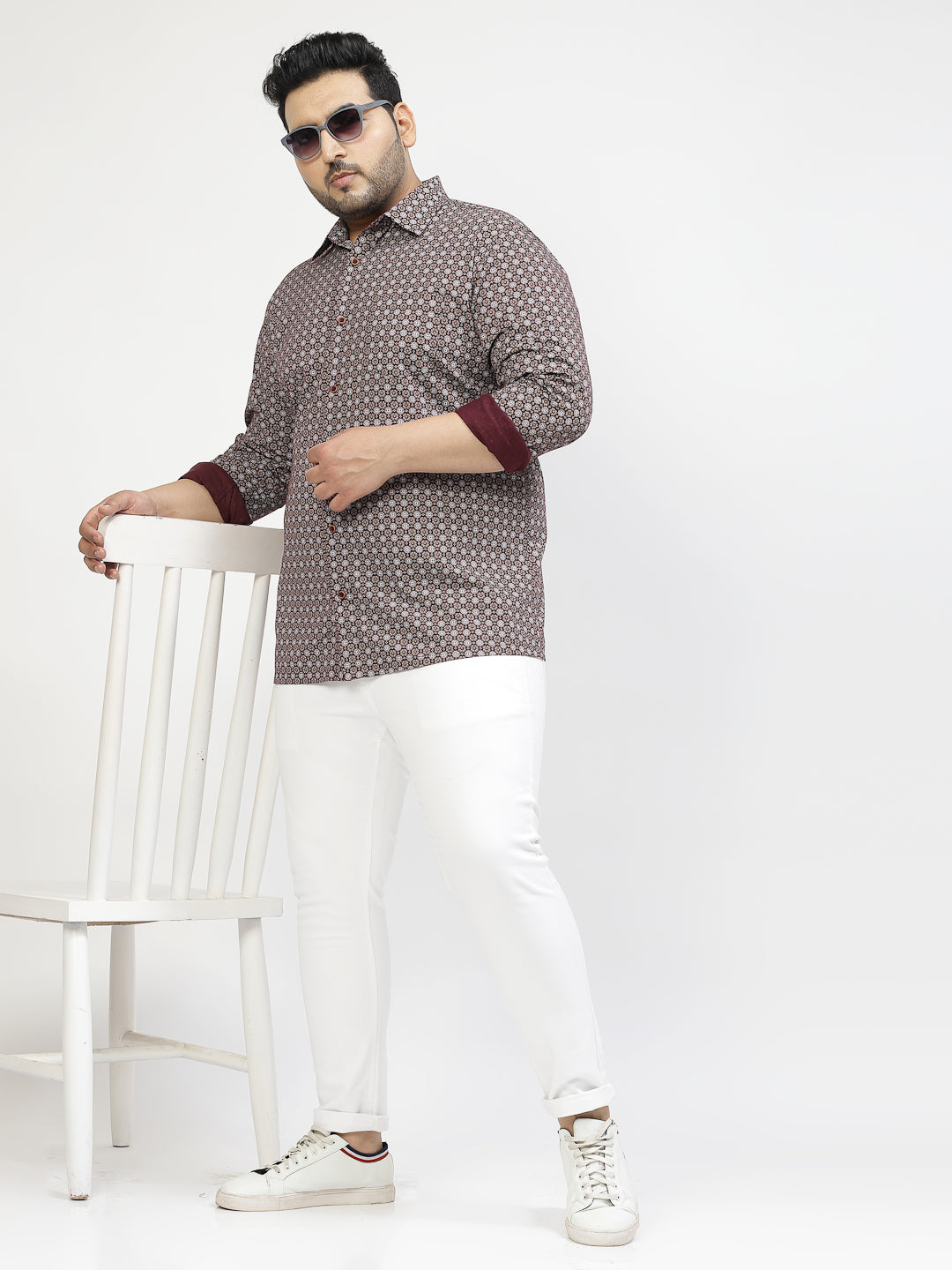 Plus Size Geometric Printed Spread Collar Cotton Shirt