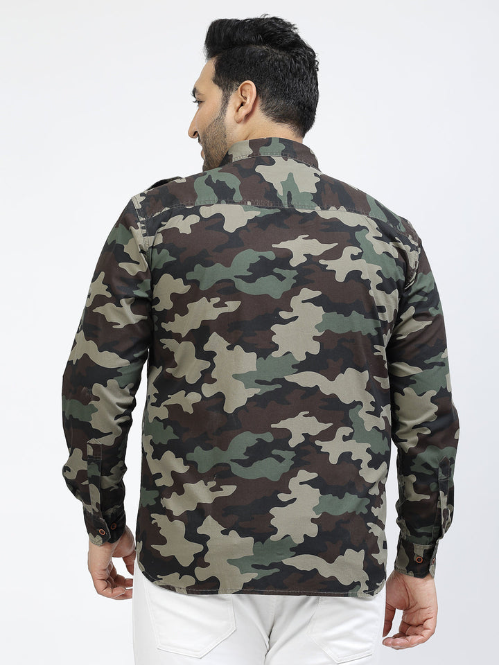 Plus Size Camouflage Printed Spread Collar Long Sleeves Cotton Casual Shirt