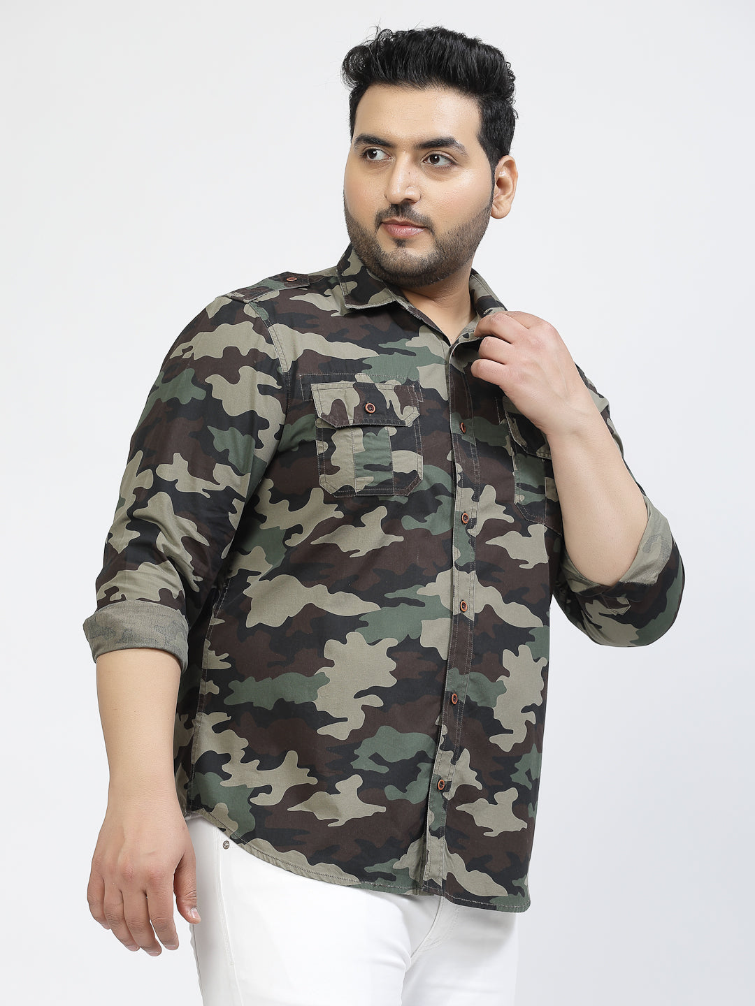 Plus Size Camouflage Printed Spread Collar Long Sleeves Cotton Casual Shirt