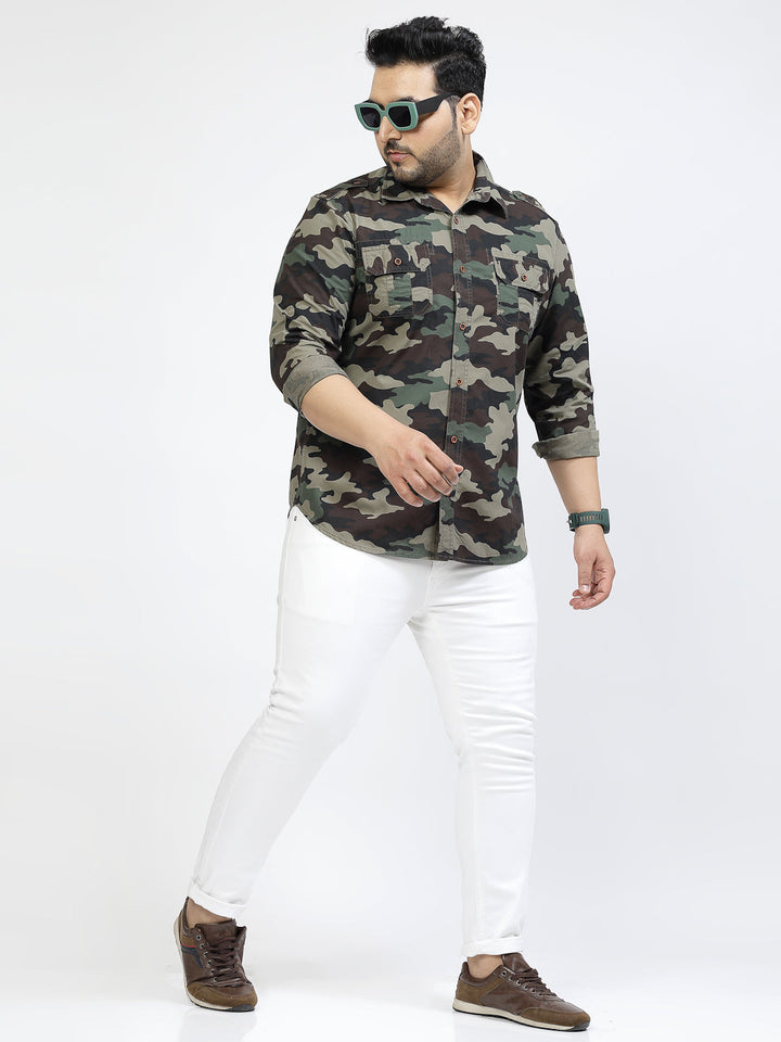 Plus Size Camouflage Printed Spread Collar Long Sleeves Cotton Casual Shirt