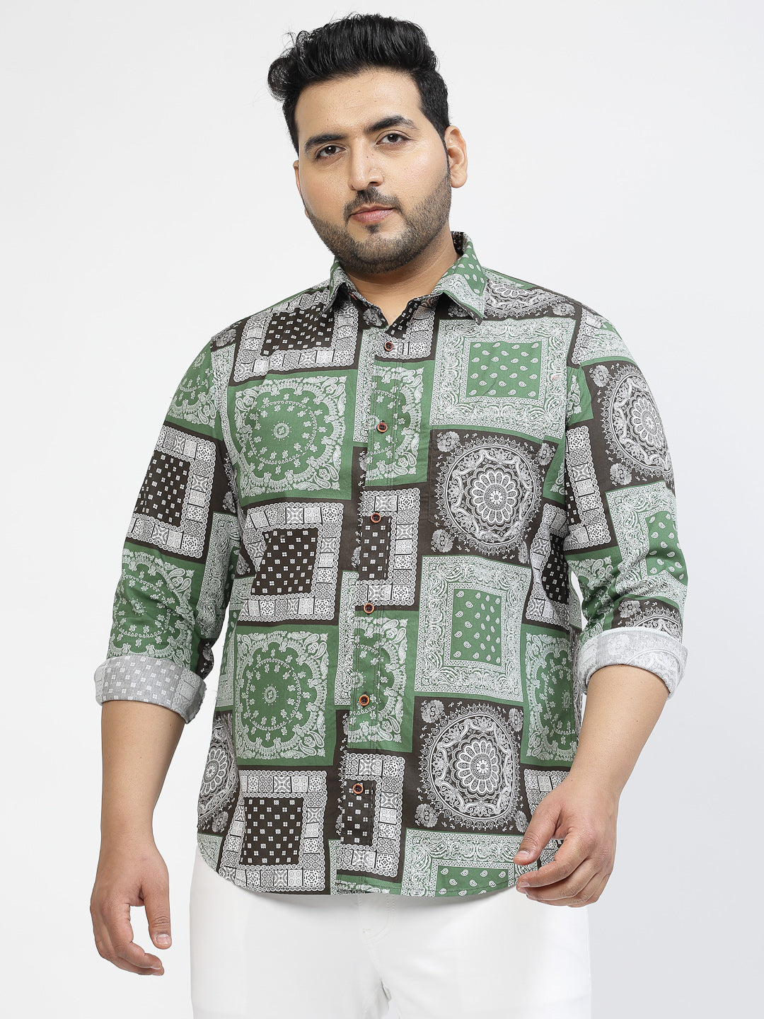 Plus Size Ethnic Motifs Printed Cotton Casual Shirt