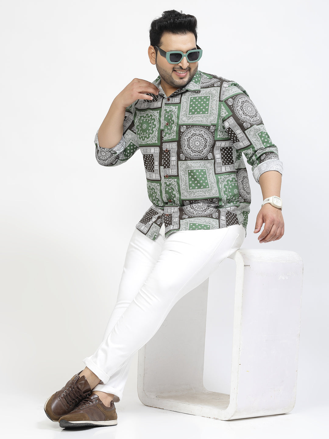 Plus Size Ethnic Motifs Printed Cotton Casual Shirt
