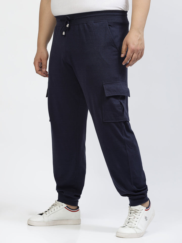 Plus Size Men Navy Blue Mid Rise Cotton Joggers