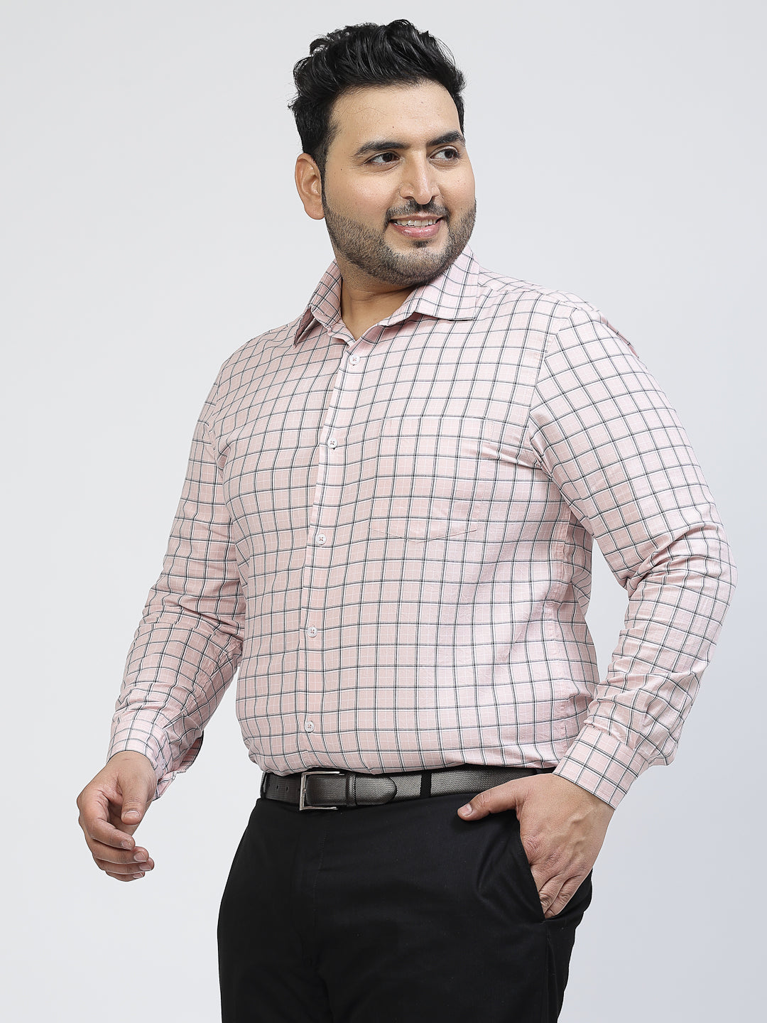 Plus Size Checked Spread Collar Long Sleeves Cotton Casual Shirt