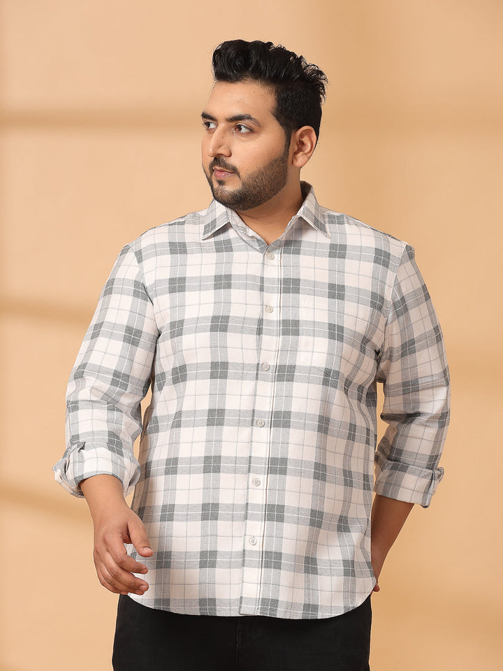 Plus Size Men Spread Collar Tartan Checked Cotton Casual Shirt