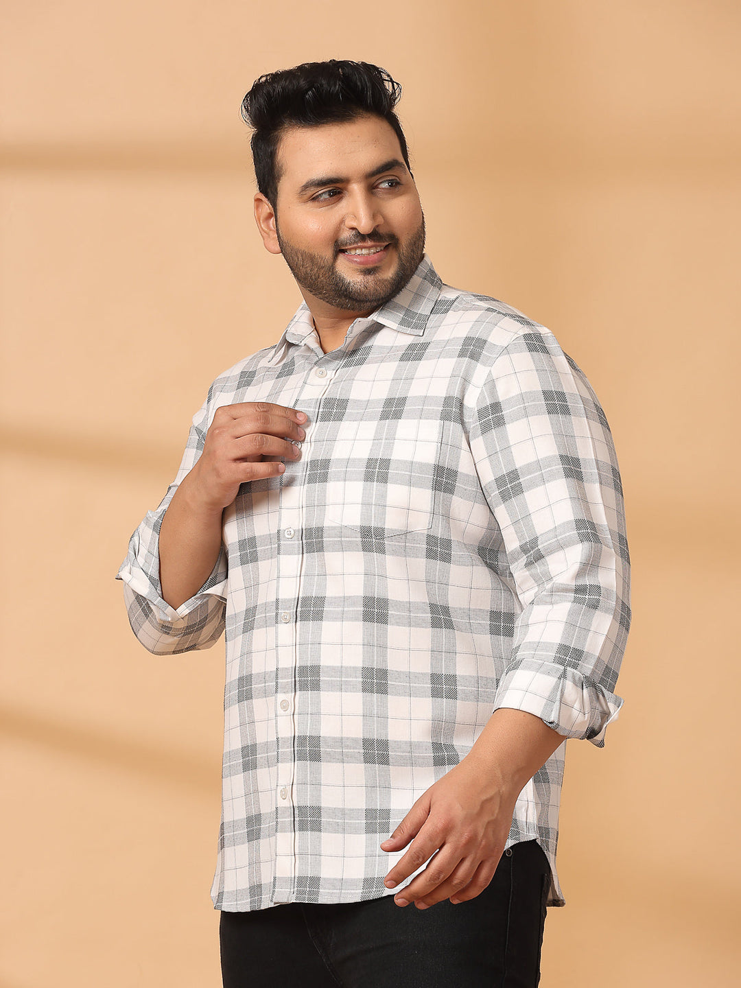 Plus Size Men Spread Collar Tartan Checked Cotton Casual Shirt