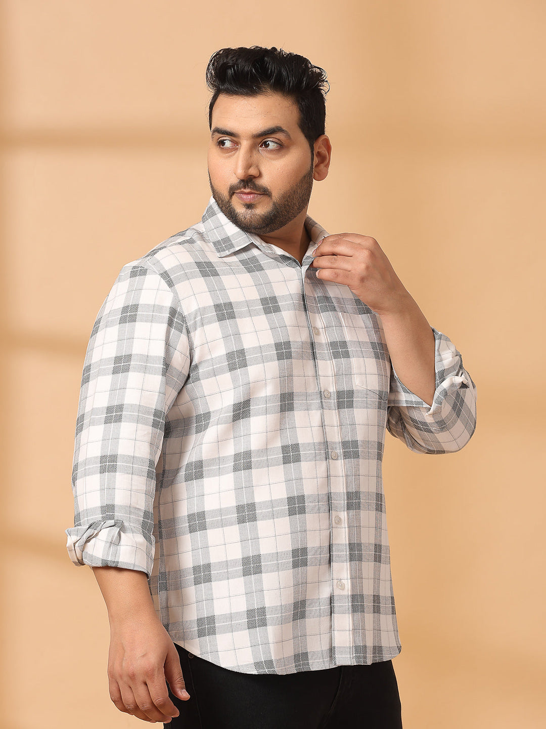 Plus Size Men Spread Collar Tartan Checked Cotton Casual Shirt