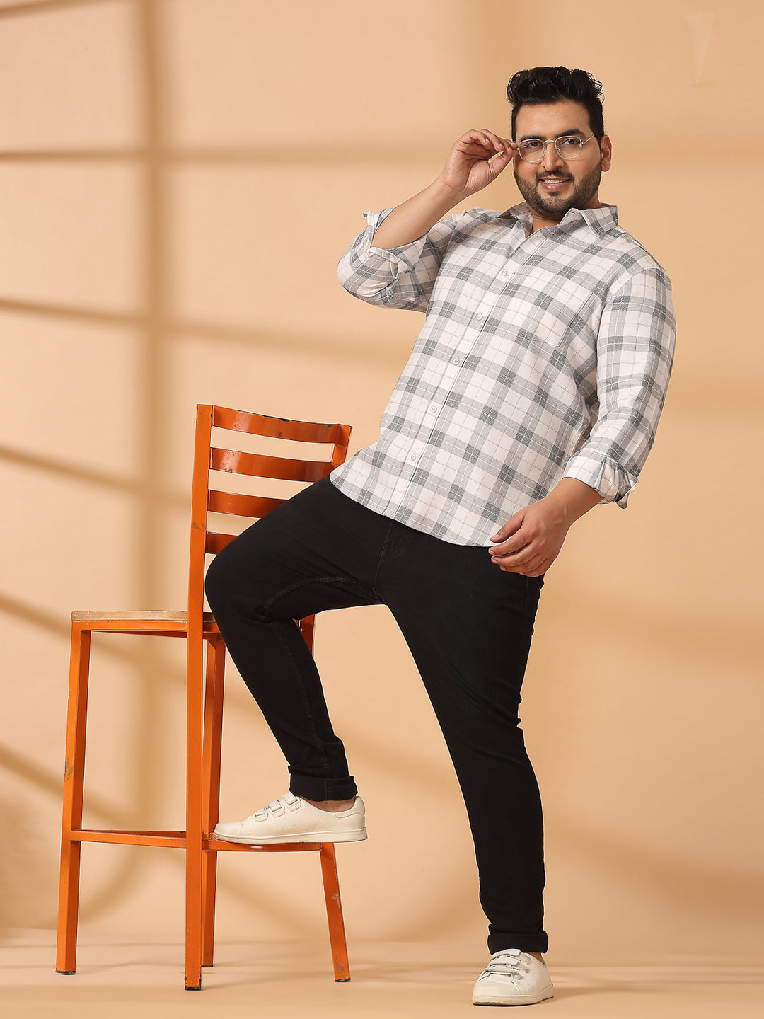 Plus Size Men Spread Collar Tartan Checked Cotton Casual Shirt