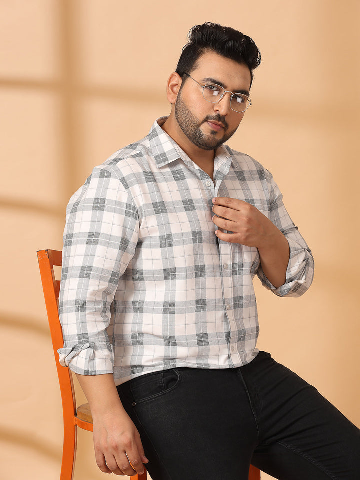 Plus Size Men Spread Collar Tartan Checked Cotton Casual Shirt