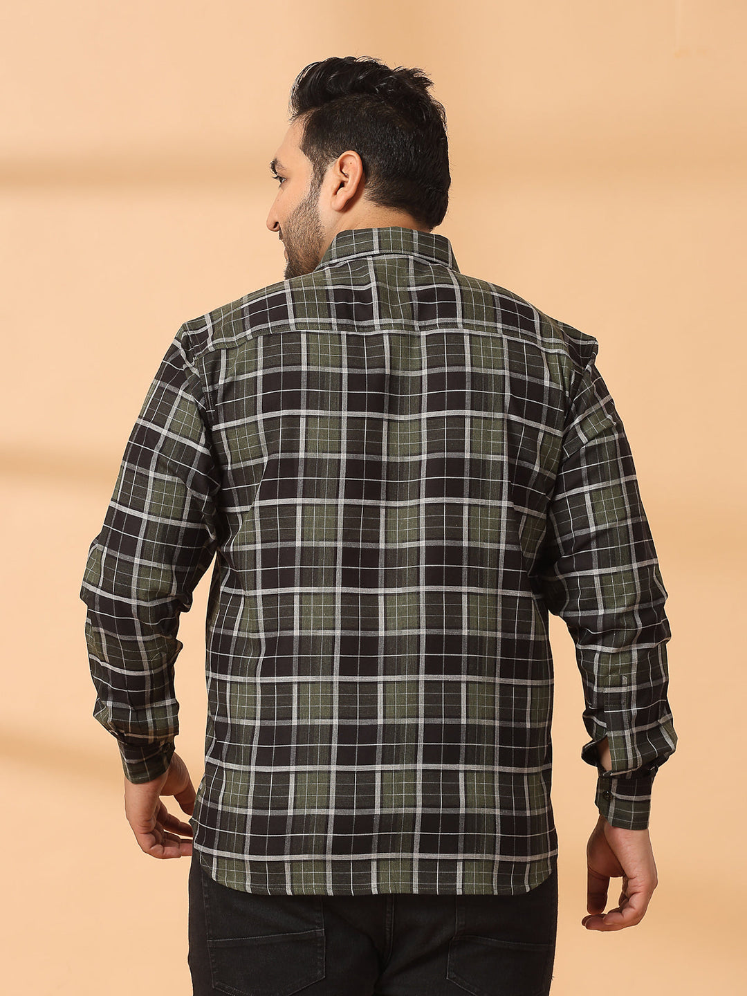 Plus Size Men Spread Collar Tartan Checked Cotton Casual Shirt