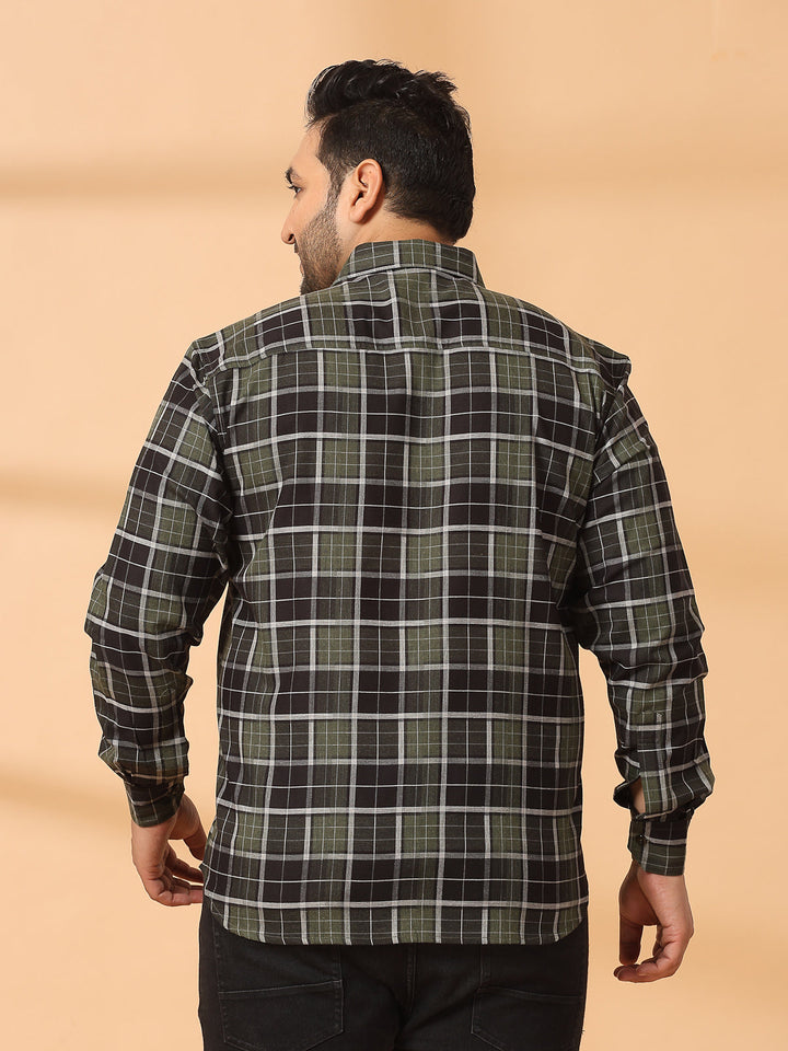 Plus Size Men Spread Collar Tartan Checked Cotton Casual Shirt