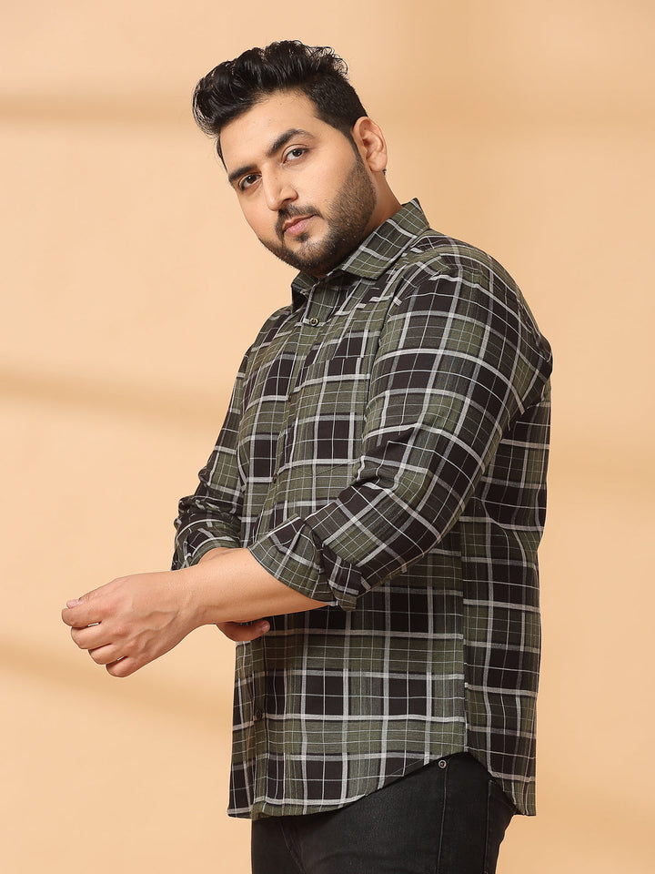 Plus Size Men Spread Collar Tartan Checked Cotton Casual Shirt