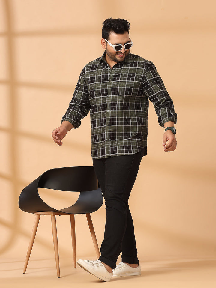Plus Size Men Spread Collar Tartan Checked Cotton Casual Shirt