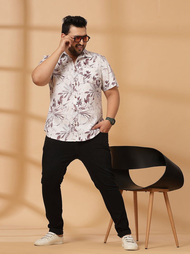 Plus Size Floral Printed Spread Collar Short Sleeves Cotton Shirt