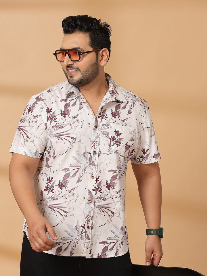 Plus Size Floral Printed Spread Collar Short Sleeves Cotton Shirt