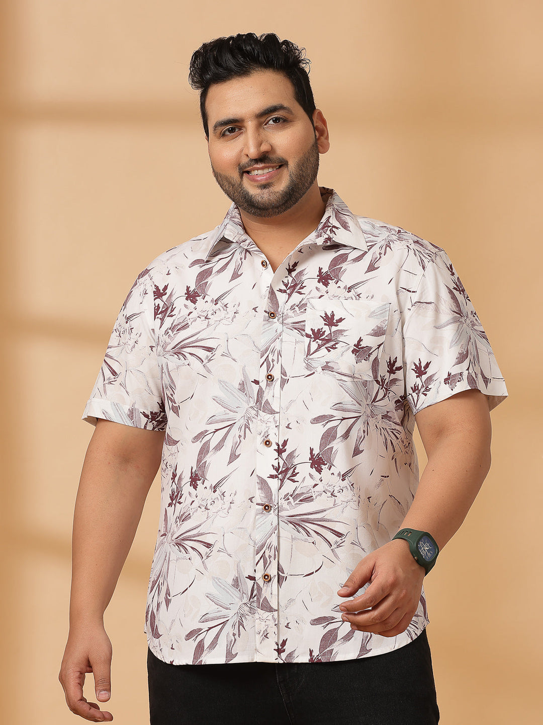 Plus Size Floral Printed Spread Collar Short Sleeves Cotton Shirt