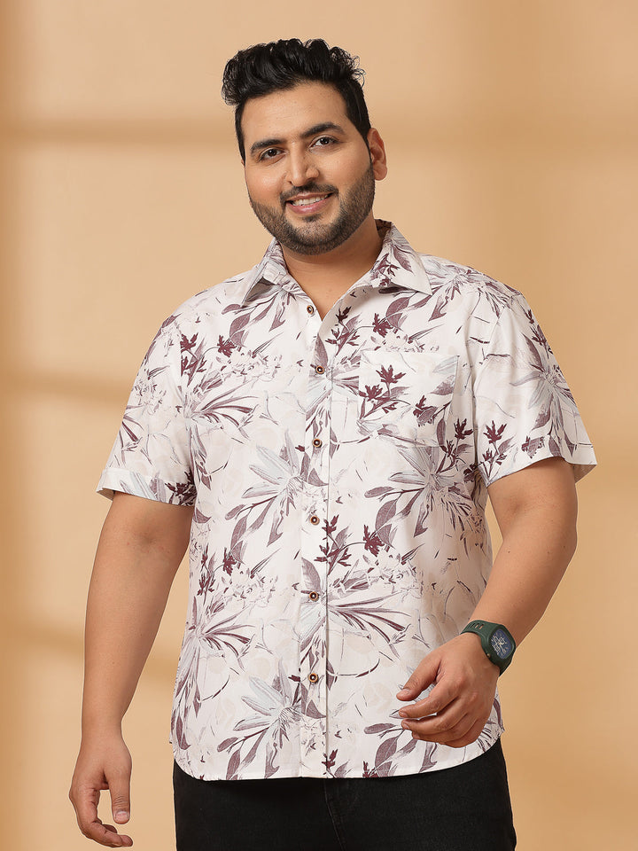 Plus Size Floral Printed Spread Collar Short Sleeves Cotton Shirt
