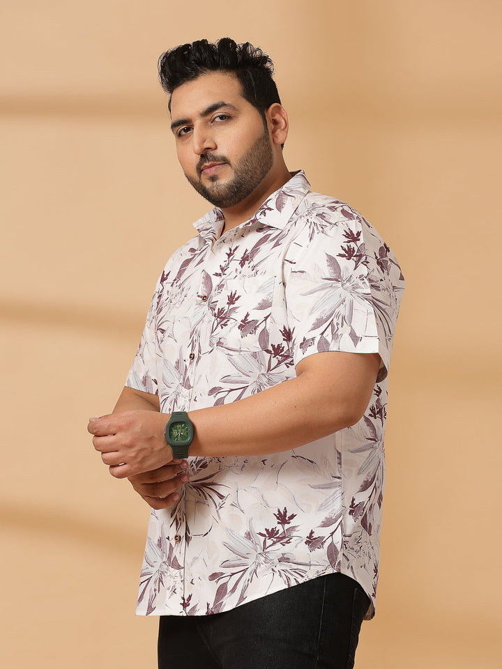 Plus Size Floral Printed Spread Collar Short Sleeves Cotton Shirt