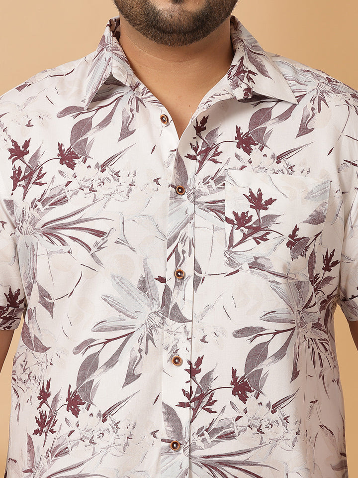 Plus Size Floral Printed Spread Collar Short Sleeves Cotton Shirt