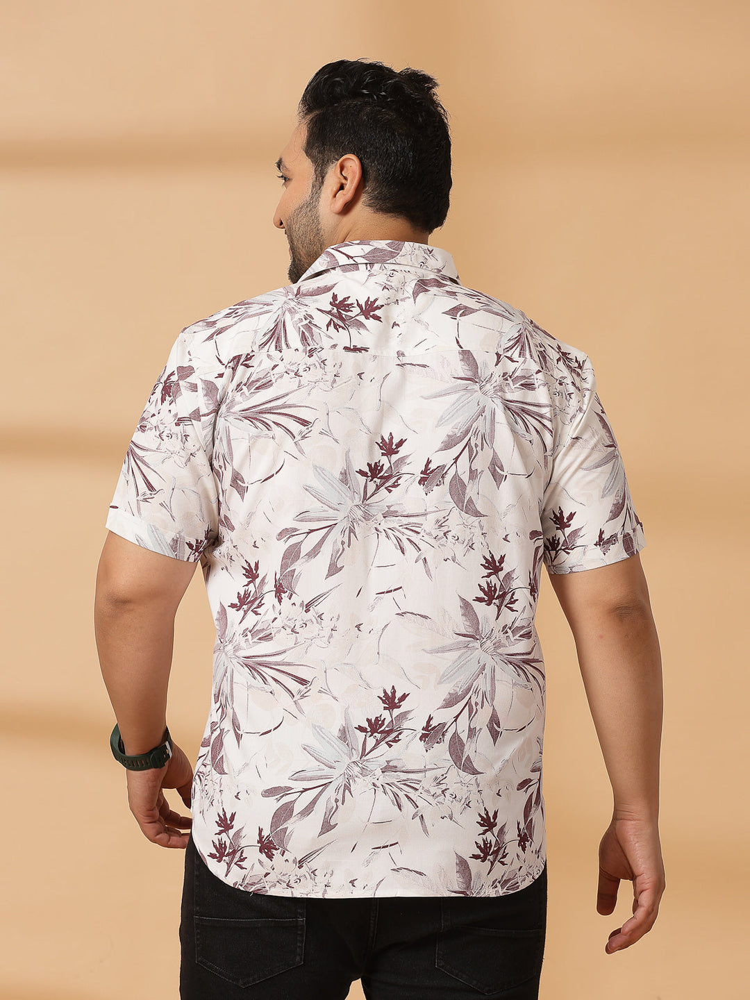 Plus Size Floral Printed Spread Collar Short Sleeves Cotton Shirt