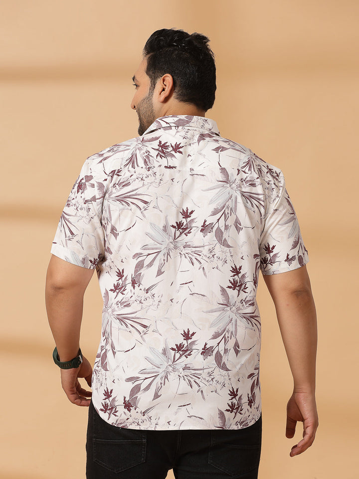 Plus Size Floral Printed Spread Collar Short Sleeves Cotton Shirt