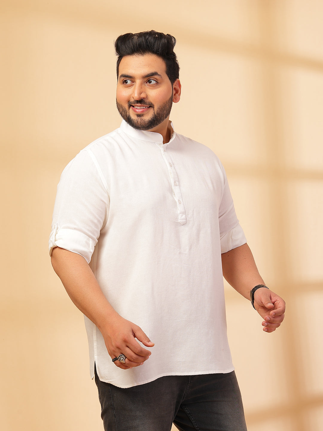 Plus Size Men White Yoke Design Patchwork Kurta