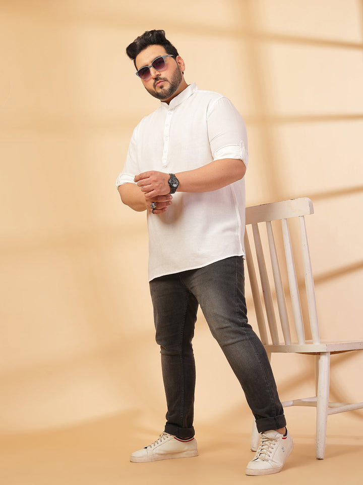 Plus Size Men White Yoke Design Patchwork Kurta