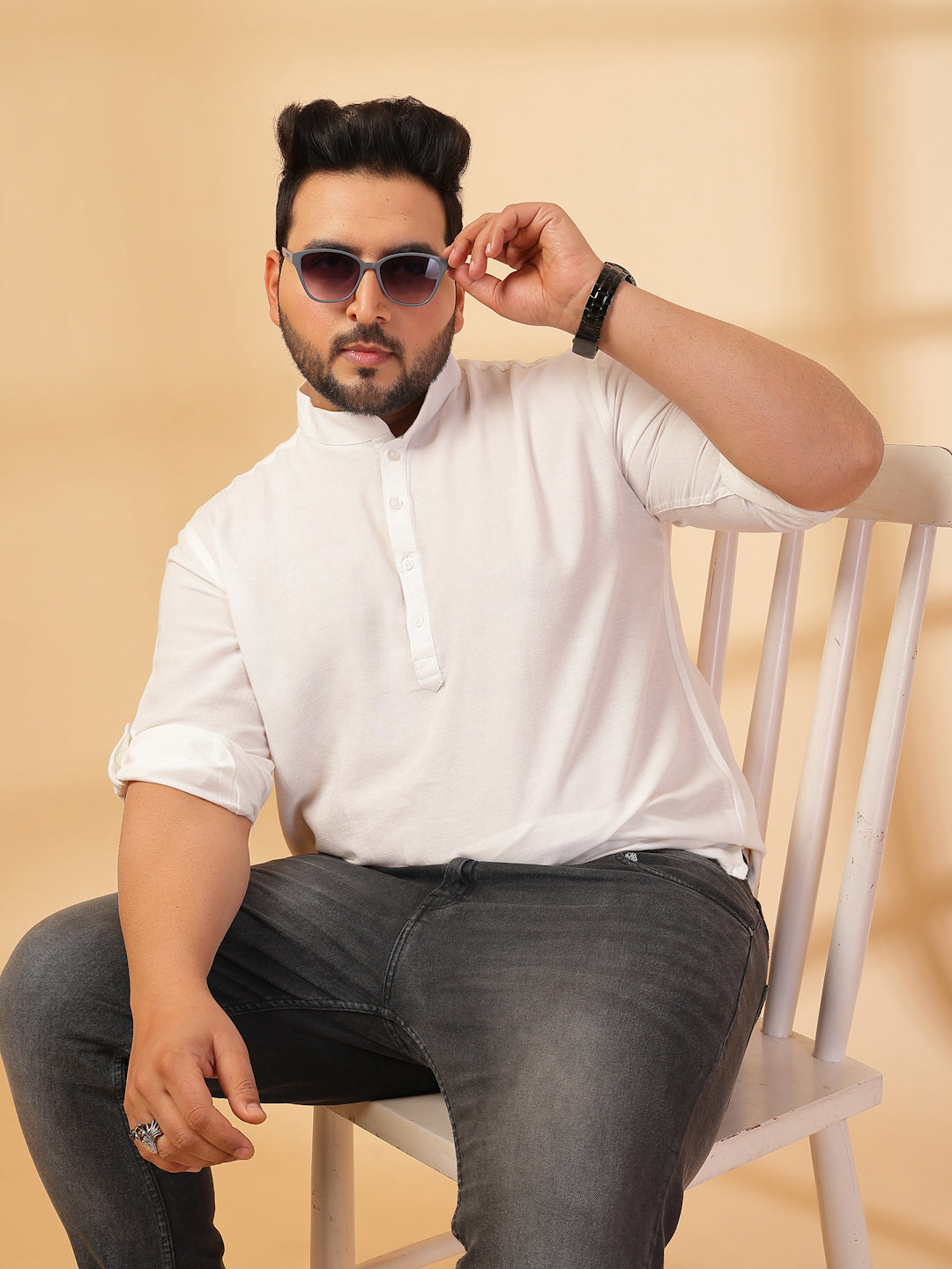 Plus Size Men White Yoke Design Patchwork Kurta